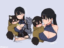  1boy age_difference animal_ears armor bandages bare_shoulders black_hair blue_eyes blunt_bangs breasts brown_eyes cat_ears cat_tail cat_teaser cleavage_cutout closed_mouth clothing_cutout commentary earrings ears_down female frown green_eyes grey_background hair_down jewelry large_breasts looking_at_another md5_mismatch navel noah_(onna_kishi_to_kemonomimi_no_ko) olivia_(onna_kishi_to_kemonomimi_no_ko) onee-shota onna_kishi_to_kemonomimi_no_ko pauldrons ponytail shoulder_armor simple_background single_pauldron stomach straight sword tail translation_request turbo_engine_(rakugaki_tabo) twitter_username weapon 