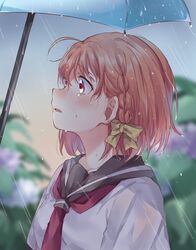  ahoge bad_id bad_twitter_id blurry blurry_background blush bow braid commentary_request crying female flower hairbow highres hydrangea love_live! love_live!_sunshine!! makura_(makura0128) neckerchief open_mouth orange_hair outdoors rain red_eyes red_neckerchief school_uniform serafuku short_hair side_braid solo takami_chika tears umbrella upper_body uranohoshi_school_uniform wet yellow_bow 