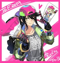  1boy aonagi_(a-lot-of) black_hair blonde_hair braid breasts brush commentary_request female gloves green_eyes hat jacket laphicet_(tales) long_hair looking_at_viewer medium_breasts official_alternate_costume official_art one_eye_closed open_mouth paint shirt short_hair smile tales_of_(series) tales_of_berseria velvet_crowe very_long_hair yellow_eyes 