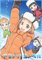  4girls arms_up black_gloves black_hair brown_hair chibi coat commentary_request fist_pump fur_hat gloves hat kobuchizawa_shirase light_brown_hair long_hair miyake_hinata multiple_girls mutsuki_riichi overalls shiraishi_yuzuki short_hair smile snow sora_yori_mo_tooi_basho tamaki_mari twitter_username ushanka winter_clothes winter_coat 