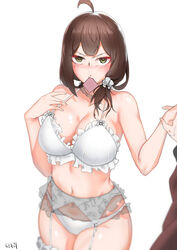  absurdres ahoge bad_id bad_pixiv_id bare_shoulders blush bra breasts brown_hair cleavage condom condom_in_mouth female frills garter_belt girls&#039;_frontline helianthus_(girls&#039;_frontline) highres hip_focus large_breasts medium_hair mouth_hold navel neoguri panties scrunchie thighhighs thighs underwear white_bra white_panties white_scrunchie yellow_eyes 