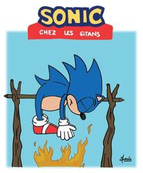  blue_body blue_fur clothing colored cooking_with_furs dark_humor death eulipotyphlan fire flat_colors footwear french_text fur gloves handwear hedgehog humor male mammal roasting roasting_spit sega shoes snuff solo sonic_the_hedgehog sonic_the_hedgehog_(series) text translated 