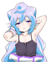  1boy :o armpits black_tank_top blue_hair collarbone commentary_request gloves hacka_doll hacka_doll_3 healthyman long_hair looking_at_viewer male_focus otoko_no_ko purple_eyes simple_background solo tank_top white_background white_gloves 