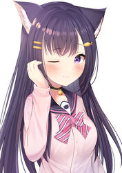  absurdres animal_ears bell black_hair blush bow bowtie cat_ears collar commentary_request female fish_hair_ornament hair_ornament hairclip highres indie_virtual_youtuber jacket long_hair long_sleeves looking_at_viewer nari_(narikashi) neck_bell one_eye_closed pink_bow pink_bowtie pink_jacket purple_eyes reikira simple_background smile solo striped_bow striped_bowtie striped_clothes upper_body virtual_youtuber white_background white_bow white_bowtie 