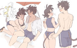  1boy absurdres bikini bikini_top_only blush breasts cleavage dragon_ball dragon_ball_z eda_(prsy3) father_and_son female food genderswap_(mtf) glasses hand_under_clothes highres hood hoodie ice_cream incest male_swimwear mother_and_son open_mouth rule_63 short_hair short_shorts shorts sitting son_gohan son_goku spiked_hair sweat swim_trunks swimsuit tail translation_request umbrella 