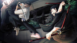  2boys absurdres battle black_eyes black_hair black_kimono black_pants cowboy_shot ear_piercing fighting_stance full_body getou_suguru hair_bun hair_pulled_back high_collar highres holding holding_sword holding_weapon jacket japanese_clothes jujutsu_kaisen jumping katana kesa kimono long_hair long_sleeves looking_at_another male_focus mitsuru_(aica_hikari) monster multiple_boys okkotsu_yuuta open_mouth orimoto_rika outdoors pants piercing profile school_uniform shoes short_hair single_hair_bun smile sparks spiked_hair standing sword three_section_staff weapon white_footwear white_jacket wide_sleeves 