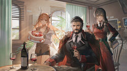  1boy 2girls absurdres alcohol beard berezovich_kryuger_(girls&#039;_frontline) bottle cake coat collared_shirt commentary_request cup drinking_glass facial_hair food girls&#039;_frontline grey_hair griffin_&amp;_kryuger_military_uniform helianthus_(girls&#039;_frontline) highres lab_coat light_brown_hair long_hair looking_at_viewer monocle multiple_girls necktie official_art persica_(girls&#039;_frontline) red_eyes scar scar_on_face shirt smile very_long_hair wheelchair wine wine_bottle wine_glass wrinkled_skin 