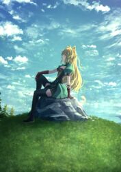  ahoge animal_ears atalanta_(fate) black_gloves blonde_hair boots dress fate/apocrypha fate_(series) female gloves green_dress green_eyes highres kaze_minoru_so-ru long_hair looking_up profile rock sitting sitting_on_rock solo tail thigh_boots thighhighs 