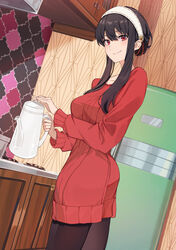  black_pantyhose breasts casual cowboy_shot earrings female hair_bun hairband highres ibaraki_shun indoors jewelry kitchen looking_at_viewer md5_mismatch medium_breasts pantyhose red_eyes red_sweater refrigerator sidelocks single_hair_bun smile solo spy_x_family standing sweater teapot white_hairband yor_briar 