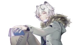  ahoge animal_humanoid arknights bandage book bored clothed clothing face_mask fingers fur glistening glistening_hair grey_hair hair holding_object hoshita_bell humanoid hypergryph jaye_(arknights) male mammal simple_background sitting studio_montagne white_background 