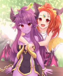  2girls :d bare_shoulders black_dress blush breasts collarbone colored_skin commentary_request crop_top dress earrings hair_ornament highres horns hug hug_from_behind jewelry long_hair looking_at_viewer ming_(mg) multiple_girls no_bangs oerba_yun_fang open_mouth orange_hair original pointy_ears purple_hair red_eyes scales shirt sidelocks smile tail white_shirt wings yong_(mg) zeatto 