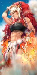  abs aduti_momoyama arm_up bandeau breasts chest_sarashi commentary_request dark-skinned_female dark_skin facial_mark female fire_emblem fire_emblem_fates fire_emblem_heroes grin highres long_hair looking_at_viewer medium_breasts midriff multicolored_hair muscular muscular_female official_alternate_costume pelvic_curtain red_eyes red_hair rinkah_(fire_emblem) rinkah_(flame)_(fire_emblem) sarashi smile solo standing stomach strapless tube_top two-tone_hair very_long_hair whisker_markings white_hair wrist_wrap 