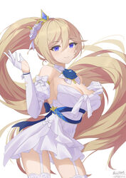  absurdres bare_shoulders bianka_durandal_ataegina bianka_durandal_ataegina_(dea_anchora) blonde_hair blue_eyes breasts chinese_commentary cleavage closed_mouth commentary diaoyidimaomao dress female flower gloves hair_between_eyes hair_flower hair_ornament highres honkai_(series) honkai_impact_3rd long_hair looking_at_viewer rose simple_background sleeveless sleeveless_dress smile solo thighhighs wedding_dress white_background white_dress white_flower white_gloves white_rose white_sleeves white_thighhighs 