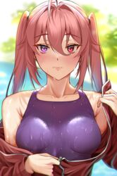  blush breasts closed_mouth commentary_request day female hair_between_eyes hair_tie highres jacket long_sleeves looking_at_viewer medium_breasts one-piece_swimsuit original outdoors purple_one-piece_swimsuit red_jacket ryudraw solo swimsuit swimsuit_under_clothes track_jacket twintails undressing unzipping upper_body wet wet_clothes wet_swimsuit 