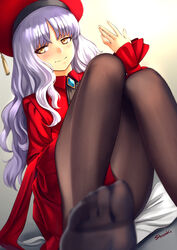  beret blurry blush breasts brooch brown_pantyhose caren_hortensia caren_hortensia_(amor_caren) caren_hortensia_(amor_caren)_(second_ascension) depth_of_field dress dutch_angle eyebrows_hidden_by_hair fate/grand_order fate_(series) feet feet_out_of_frame female hat highres jewelry knees_together_feet_apart knees_up legs long_hair long_sleeves looking_at_viewer medium_breasts neck_ribbon no_shoes pantyhose red_dress red_hat ribbon shawl shinsaku_(stan-art) sitting smile solo wavy_hair white_hair yellow_eyes 