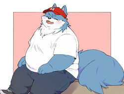  2023 anthro belly big_belly blue_body blush bottomwear canid canine canis closed_eyes clothing domestic_dog hat headgear headwear hi_res inunoshippo kemono male mammal overweight overweight_male pants shirt simple_background sitting solo topwear vtuber white_body 