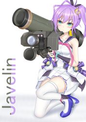  absurdres aqua_eyes azur_lane blouse bracelet breasts camisole character_name commentary_request cross_hair_ornament crown dress female fgm-148_javelin genius_1237to gloves green_eyes hair_ornament high_heels high_ponytail highres holding holding_rocket_launcher holding_weapon javelin_(azur_lane) javelin_(retrofit)_(azur_lane) jewelry medium_hair name_connection object_namesake ponytail purple_hair purple_ribbon ribbon rocket_launcher sailor_collar shirt simple_background single_glove solo thighhighs weapon white_background white_camisole white_dress white_thighhighs wide_ponytail 