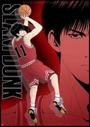  1boy armband ball basketball basketball_(object) basketball_uniform black_border black_eyes black_hair border chris_re5 collarbone commentary_request male_focus red_shirt red_shorts rukawa_kaede serious shirt shoes shorts signature slam_dunk_(series) sneakers socks solo sportswear v-shaped_eyebrows white_footwear 