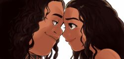  1boy bad_id bad_pixiv_id brown_hair dark-skinned_female dark-skinned_male dark_skin eye_contact female forehead-to-forehead from_side heads_together highres lips long_hair looking_at_another maui_(moana) moana_(movie) moana_waialiki neck_tattoo noses_touching pano_(mohayayamai) smile straight tattoo thick_eyebrows tribal_tattoo wavy_hair white_background 