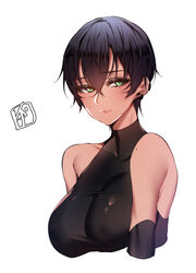  bare_shoulders black_gloves black_hair black_leotard breasts chickenvomit closed_mouth collarbone commentary_request covered_nipples crossed_bangs earrings elbow_gloves eyelashes female gloves green_eyes hair_between_eyes half-closed_eyes highres jewelry large_breasts leotard looking_at_viewer mole mole_on_shoulder mole_under_eye original piercing pixie_cut short_hair simple_background solo turtleneck upper_body white_background 