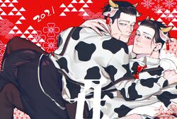  2021 2boys animal_ears animal_print ass bad_id bad_twitter_id black_eyes black_hair black_pants chinese_zodiac commentary cow_boy cow_ears cow_horns cow_print facial_hair golden_kamuy hair_slicked_back hair_strand hanazawa_yusaku highres hisknn horns leg_between_thighs looking_at_viewer male_focus mature_male multiple_boys ogata_hyakunosuke on_person pants scar scar_on_cheek scar_on_face short_hair sideburns smile spread_legs stubble symbol-only_commentary undercut yaoi year_of_the_ox 