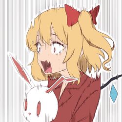  bow collared_shirt crying crying_with_eyes_open female flandre_scarlet hairbow highres long_sleeves oerba_yun_fang open_mouth pajamas red_bow red_eyes red_pajamas red_shirt scared screaming shirt side_ponytail solo stuffed_animal stuffed_rabbit stuffed_toy tears teasmacker touhou wings 