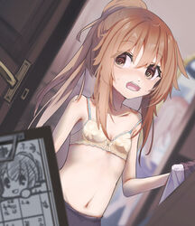  blurry bra breasts brown_bra brown_hair clipboard collarbone commentary_request depth_of_field door dutch_angle female fumizuki_(kancolle) highres kantai_collection logiclr long_hair looking_at_viewer navel open_mouth ponytail red_eyes small_breasts solo surprised underwear upper_body 