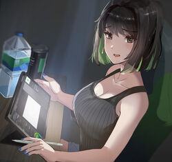  absurdres black_hair blue_nails bottle breasts brown_hair can canned_coffee commentary desk drawing_tablet drink_can english_commentary female green_hair highres holding holding_pen large_breasts looking_at_viewer miru_(ormille) mole mole_on_breast multicolored_hair nail_polish original ormille pen short_hair sitting solo tank_top two-tone_hair water_bottle 