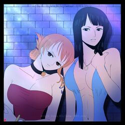  2girls alternate_costume bare_shoulders black_border black_hair blue_dress blue_eyes blunt_bangs border bracelet breasts brick_wall choker chris_re5 cleavage commentary dress earrings folded_ponytail head_on_another&#039;s_shoulder hime_cut jewelry large_breasts multiple_girls nami_(one_piece) navel necklace nico_robin one_piece one_piece:_the_giant_mechanical_soldier_of_karakuri_castle orange_eyes orange_hair parted_lips sidelocks strapless tattoo twitter_username 