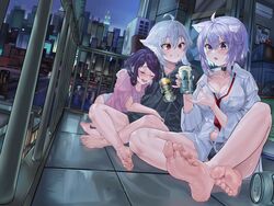  3girls absurdres ahoge animal_ear_fluff animal_ears asahi_breweries bare_legs barefoot black_choker black_hoodie black_panties breasts can cat_ears cat_girl choker cityscape cleavage closed_eyes dana_zane feet foot_focus foreshortening full_body grey_hair hair_between_eyes highres holding holding_can hololive hood hoodie jill_stingray large_breasts legs long_hair long_sleeves looking_at_another mechanical_arms multiple_girls necktie nekomata_okayu open_mouth panties pink_shirt purple_eyes purple_hair red_eyes red_necktie shirt short_hair short_sleeves single_mechanical_arm sitting snarkhunt soles strong_zero toes underwear va-11_hall-a virtual_youtuber white_panties white_shirt 