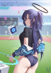  ass blue_archive blurry blurry_background blurry_foreground blush bottle breasts buruma commentary cowboy_shot depth_of_field female from_behind gym_uniform halo highres holding holding_bottle jacket long_hair looking_at_viewer looking_back mechanical_halo medium_breasts motion_blur official_alternate_costume ponytail purple_eyes purple_hair shadow_cat_(yingmiao) shirt short_sleeves solo stadium sweat thighs track_jacket water_bottle yuuka_(blue_archive) yuuka_(track)_(blue_archive) 