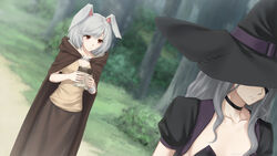  2girls :t animal_ears black_choker black_headwear blurry blurry_background brown_cloak brown_shirt brown_skirt choker cloak collarbone commentary day depth_of_field eating english_commentary food grey_hair hair_between_eyes hat highres holding holding_food hood hood_down hooded_cloak miura-n315 multiple_girls notched_ear original outdoors puffy_short_sleeves puffy_sleeves rabbit_ears red_eyes shirt short_sleeves skirt strapless tree witch_hat 