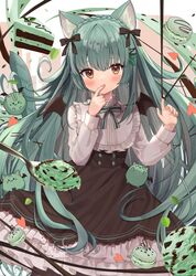  animal_ears bat_wings black_bow black_dress bow brown_eyes cake cat_ears commentary_request dress female finger_to_mouth food goma_(u_p) green_hair hairbow heart highres long_hair long_sleeves looking_at_viewer mint_chocolate original solo spoon wings 