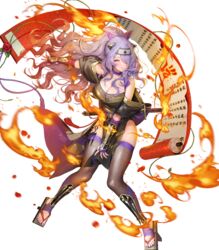  arm_guards bare_shoulders blush breasts camilla_(fire_emblem) camilla_(ninja)_(fire_emblem) choker cleavage closed_eyes closed_mouth elbow_gloves fake_horns female fingerless_gloves fire fire_emblem fire_emblem_fates fire_emblem_heroes fishnets geta gloves gold_trim hair_ornament hair_over_one_eye highres holding horns japanese_clothes kunai large_breasts lips long_hair ninja non-web_source official_art pelvic_curtain purple_hair sandals scroll sencha_(senchat) shiny_clothes smile solo tengu-geta thighhighs toes transparent_background weapon 