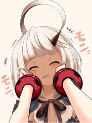  1other ahoge arms_up beige_background black_gloves black_ribbon blunt_bangs blush cheek_squash closed_eyes collar dark-skinned_female dark_skin detached_collar female gloves god_eater god_eater_3 hands_on_another&#039;s_arms hands_on_another&#039;s_cheeks hands_on_another&#039;s_face hands_up happy head_tilt highres horns maritchi oerba_yun_fang open_mouth outline phym_(god_eater) pov pov_hands ribbon short_hair simple_background single_horn smile solo_focus teeth white_hair white_outline 