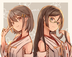  2girls alternate_hair_length alternate_hairstyle black_hair brown_eyes commentary_request detached_sleeves green-framed_eyewear hair_length_switch hair_ornament hairclip hairstyle_switch hand_in_own_hair haruna_(kancolle) kantai_collection kirishima_(kancolle) long_hair looking_at_viewer multiple_girls ribbon-trimmed_sleeves ribbon_trim short_hair upper_body v wss_(nicoseiga19993411) 