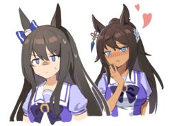  2girls animal_ears blue_eyes blush breasts brown_hair closed_mouth commentary_request dark-skinned_female dark_skin deep_impact_(umamusume) hand_on_own_cheek hand_on_own_face heart horse_ears horse_girl jitome looking_at_another looking_at_viewer medium_breasts multiple_girls nose_blush puffy_short_sleeves puffy_sleeves sailor_collar school_uniform short_sleeves sweat symboli_kris_s_(umamusume) tracen_school_uniform truth turn_pale umamusume upper_body wufaxianshi_cnd yuri 