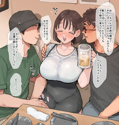  2boys absurdres beer_mug blush breasts brown_hair casual chopsticks collarbone contemporary cup denim drunk eda_(prsy3) faceless faceless_male female glasses hand_on_another&#039;s_thigh hat highres large_breasts mug multiple_boys original pants plate shirt short_hair smile translation_request 