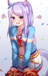  absurdres animal_ears aqua_ribbon blue_jacket cheerleader collarbone cosplay ear_ribbon female gradient_background grey_background highres horse_ears horse_girl horse_tail jacket long_hair long_sleeves looking_at_viewer mejiro_mcqueen_(umamusume) midriff navel nice_nature_(run&amp;win)_(umamusume) nice_nature_(umamusume) nice_nature_(umamusume)_(cosplay) open_mouth pizza_(pizzania_company) pom_pom_(cheerleading) ponytail purple_eyes purple_hair ribbon skirt solo sweat tail umamusume white_skirt 