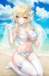  absurdres beach bikini blonde_hair blue_sky breasts choker cleavage closed_mouth cloud collarbone commentary female flower genshin_impact hair_flower hair_ornament hands_up highres kneeling large_breasts looking_at_viewer lumine_(genshin_impact) navel no_shoes ocean outdoors raku_(clearpage) sand see-through seiza short_hair_with_long_locks sitting skindentation sky smile solo stomach swimsuit thighhighs thighs water wet white_bikini white_choker white_flower white_thighhighs white_veil wrist_flower yellow_eyes 