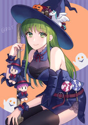  alternate_costume blue_dress blue_hat candy catria_(fire_emblem) character_doll detached_sleeves doll dress est_(fire_emblem) female fire_emblem food ghost green_eyes green_hair hair_behind_ear halloween halloween_costume hat lollipop long_hair palla_(fire_emblem) sitting smile solo thighhighs twitter_username witch witch_hat wrist_cuffs yamigo 