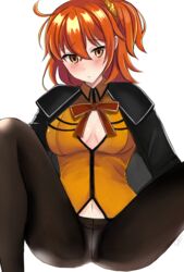  ahoge black_pantyhose breasts crotch_seam fate/grand_order fate_(series) female fujimaru_ritsuka_(female) fujimaru_ritsuka_(female)_(mage&#039;s_association_uniform) highres kankitsu_kei large_breasts navel official_alternate_costume one_side_up orange_eyes orange_hair orange_shirt panties panties_under_pantyhose pantyhose scrunchie shirt solo underwear white_panties yellow_scrunchie 