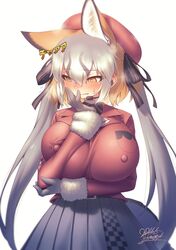  alternate_breast_size animal_ear_fluff animal_ears arm_under_breasts belt blush breast_pocket breasts brown_hair buttons dated embarrassed extra_ears female flying_sweatdrops fox_ears fox_girl fur-trimmed_sleeves fur_trim furrowed_brow gloves grey_hair grey_skirt hair_between_eyes hair_ribbon hand_on_own_arm hat high-waist_skirt highres huge_breasts impossible_clothes impossible_jacket island_fox_(kemono_friends) jacket kemono_friends kemono_friends_v_project light_brown_hair long_hair long_sleeves looking_down looking_to_the_side multicolored_hair nose_blush parted_bangs pocket red_jacket ribbon sidelocks signature simple_background skirt solo twintails very_long_hair virtual_youtuber white_background yellow_eyes yoshida_hideyuki 