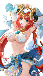  :d armpits arms_up blue_bow blue_nails bow bracer breasts brooch cowboy_shot crop_top dancer detached_sleeves fake_horns female fungi_(genshin_impact) genshin_impact gold_trim green_eyes happy harem_outfit highres horns jewelry liu_liaoliao long_hair long_sleeves looking_at_viewer low_twintails medium_breasts nail_polish navel neck_ring nilou_(genshin_impact) parted_bangs puffy_long_sleeves puffy_sleeves revealing_clothes see-through shirt signature simple_background sleeveless sleeveless_shirt smile solo stomach sweat teeth thighs twintails twitter_username upper_teeth_only veil vision_(genshin_impact) water_drop white_background white_headwear 