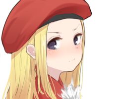  belfraw_martini beret blonde_hair blush closed_mouth commentary_request dress female forehead from_side hat highres isobe_eiji long_hair looking_at_viewer looking_to_the_side parted_bangs purple_eyes red_dress red_hat simple_background solo summon_night summon_night_3 v-shaped_eyebrows white_background 