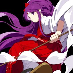  black_background commentary_request female gohei hair_tubes hakama hakurei_reimu hakurei_reimu_(pc-98) headband highly_responsive_to_prayers japanese_clothes kaigen_1025 kimono long_hair miko open_mouth purple_eyes purple_hair red_hakama sandals simple_background solo tabi touhou touhou_(pc-98) very_long_hair white_kimono wide_sleeves zouri 