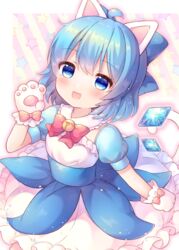  adapted_costume animal_ears animal_hands bell blue_bow blue_dress blue_eyes blue_hair blush bow cat_ears cat_paws cat_tail cirno coa_(chroo_x) detached_wings dress fairy female gloves hair_between_eyes hairbow highres ice ice_wings jingle_bell open_mouth paw_gloves puffy_short_sleeves puffy_sleeves short_hair short_sleeves smile solo star_(symbol) tail touhou wings 