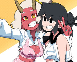  2girls black_eyes black_hair breasts brown_horns cleavage colored_skin commentary english_commentary heart highres horns long_sleeves lucia_(scott_malin) meisha_(scott_malin) multiple_girls navel original parted_lips red_skin scott_malin selfie shirt sleeveless sleeveless_shirt smile upper_body v white_horns white_shirt yellow_eyes 