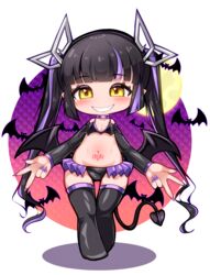  absurdres alternate_costume bat_(animal) bat_wings black_bra black_hair black_panties black_thighhighs black_wings blunt_bangs blush bra breasts cleavage commentary_request demon_girl demon_horns demon_tail double_w female full_body full_moon grin highres horns kojo_anna long_hair looking_at_viewer moon multicolored_hair nanashi_inc. panties pointy_ears pubic_tattoo purple_hair purple_nails robou_no_stone shiny_skin smile solo tail tattoo thighhighs twintails two-tone_hair underwear virtual_youtuber w walking white_background wings yellow_eyes 