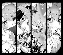  4girls absurdres alma_elma animal_ears armor closed_mouth column_lineup commentary_request erubetie expressionless forehead_protector fox_ears fox_girl granberia greyscale hair_between_eyes hair_over_one_eye hand_fan highres holding holding_fan holding_sword holding_weapon kawahara0527 liquid_hair looking_at_viewer mon-musu_quest! monochrome monster_girl multiple_girls sidelocks slime_girl smile smirk sword tamamo_(mon-musu_quest!) weapon 